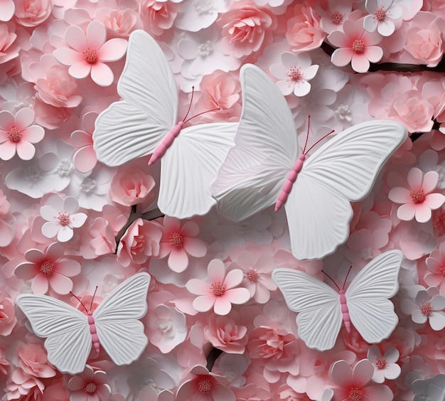 mariposas en una pared de flores rosadas