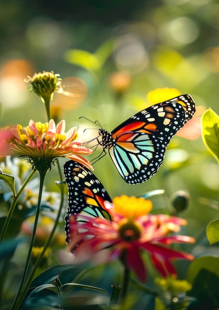 Las mariposas con patrones intrincados en flores vibrantes fondo natural