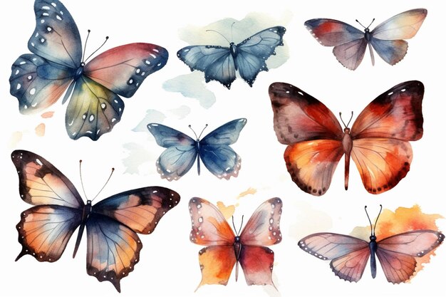 Foto mariposas pintadas en acuarelas sobre un fondo blanco generativo ai