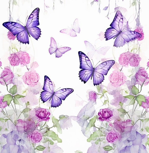 mariposas púrpuras y rosas rosas en un fondo blanco