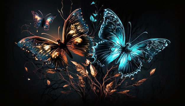 Mariposas que brillan intensamente de noche sobre fondo abstracto oscuro Generar Ai