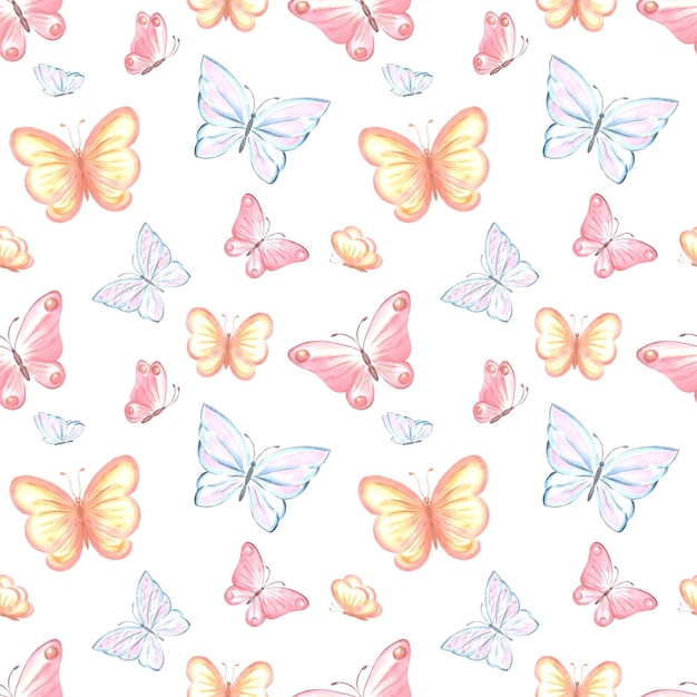 Mariposas revoloteando delicado patrón sin costuras ilustración en acuarela pintada a mano