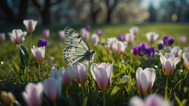 Foto mariposas revoloteando sobre un claro con flores de primavera