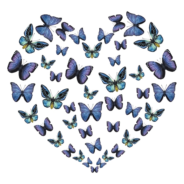 Mariposas violetas azules Forma de un corazón Ilustración de acuarela dibujada a mano aislada sobre fondo blanco Se puede utilizar para pegatinas de carteles de tarjetas
