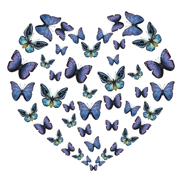 Foto mariposas violetas azules forma de un corazón ilustración de acuarela dibujada a mano aislada sobre fondo blanco se puede utilizar para pegatinas de carteles de tarjetas