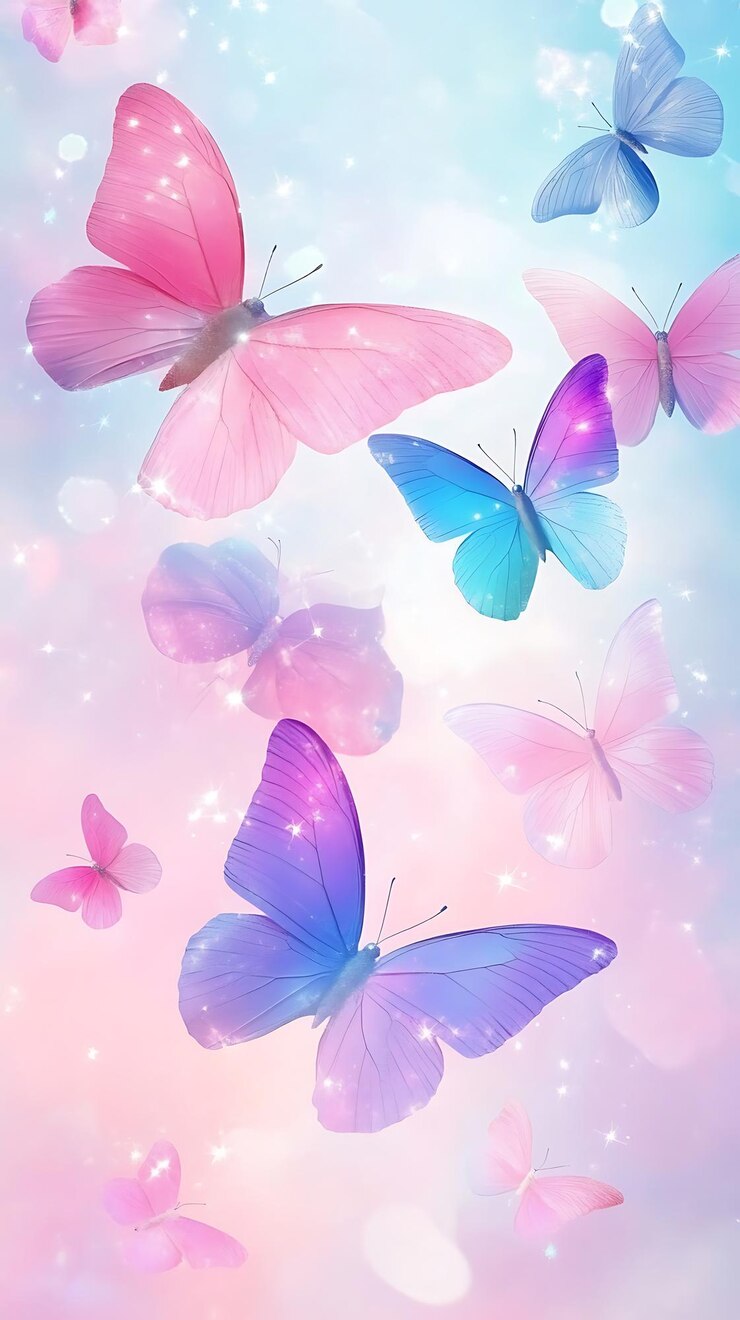 mariposas volando en el cielo con colores rosados y azules