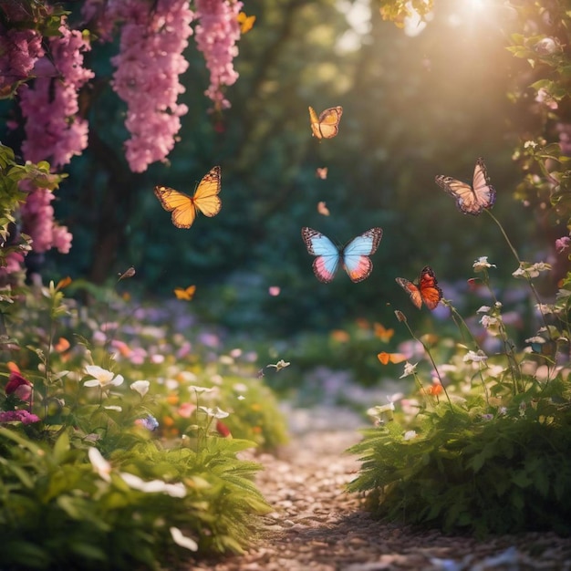 Mariposas volando con gracia en medio de un jardín pintoresco