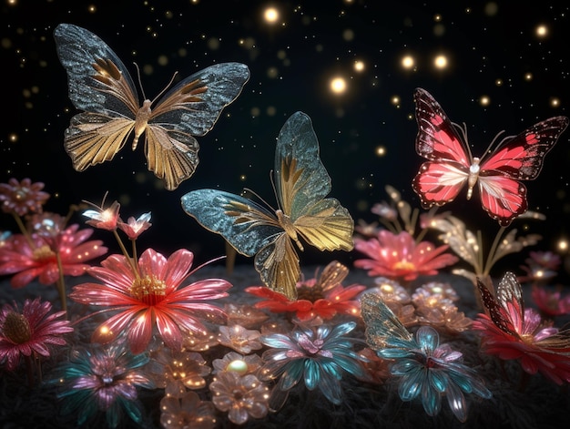Las mariposas volando sobre un campo de flores con un fondo oscuro generativo ai