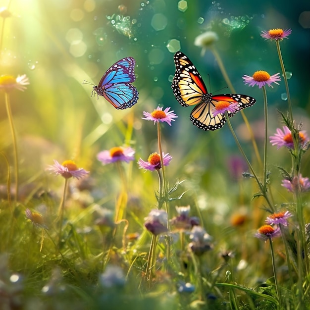 Mariposas volando sobre un campo de flores con un sol brillante ai generativo