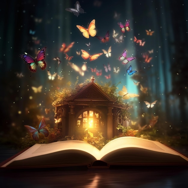 Las mariposas vuelan alrededor de un libro con una casa en el medio generativo ai