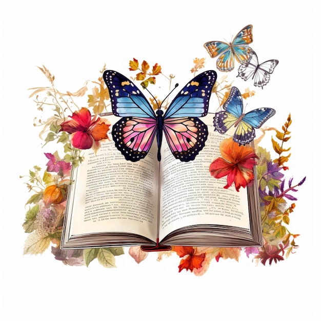 Las mariposas vuelan de un libro abierto con flores y hojas ai generativo.