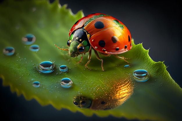 Una mariquita dentro deja caer agua sobre la hoja verde. IA generada