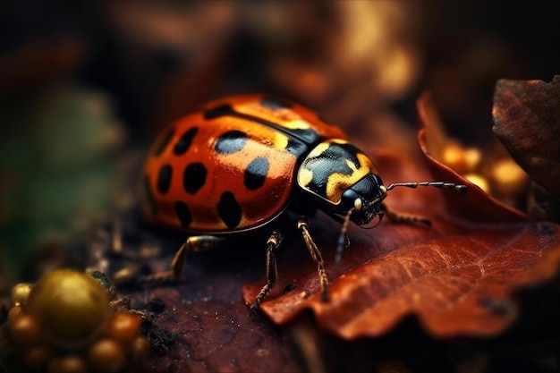 Una mariquita está en una hoja en el bosque.