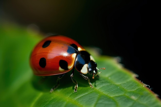 Una mariquita está en una hoja verde.