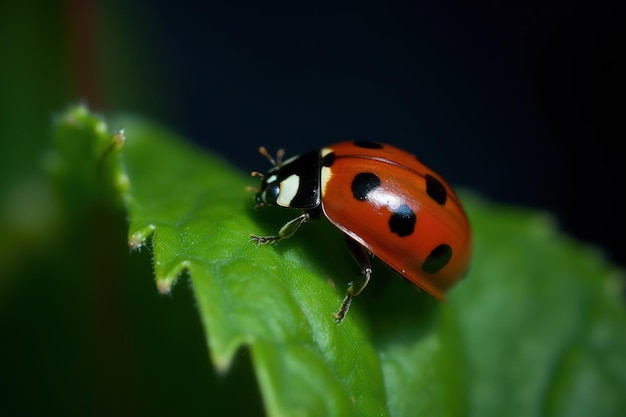 Una mariquita está sentada sobre una hoja verde.