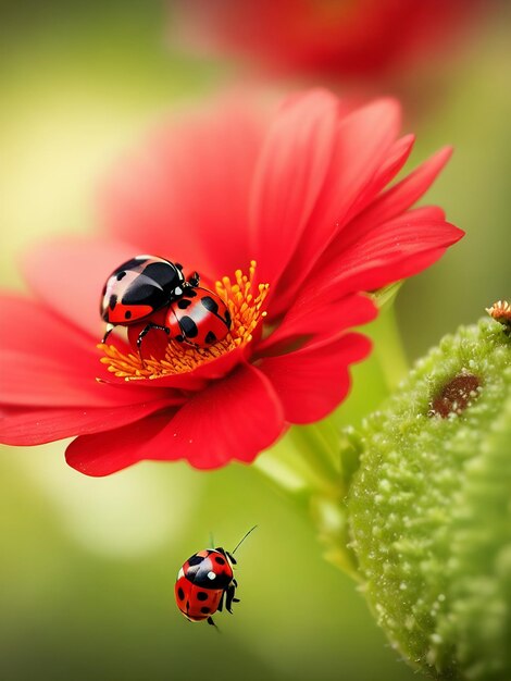 Una mariquita en una flor roja