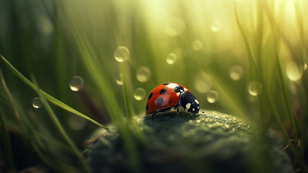 Mariquita en una hierba verde Rocío de la mañana y mariquita Primer plano insecto escarabajo rojo IA generativa