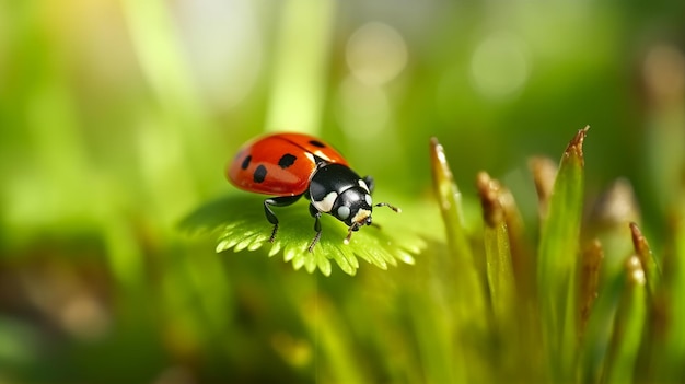 Una mariquita en una hierba verde