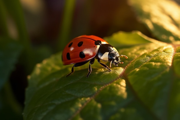 Una mariquita en una hoja al sol