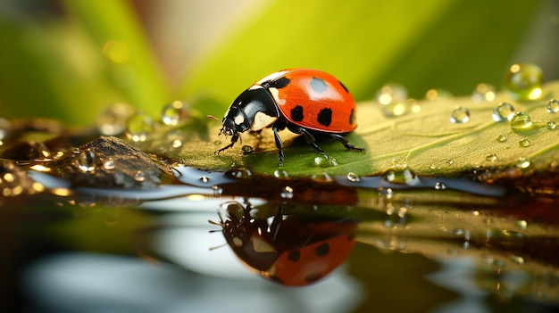 Mariquita en una hoja reflejada en el agua