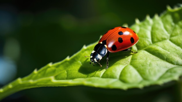 Mariquita en una hoja verde