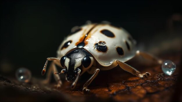 Una mariquita con manchas negras en el cuerpo se sienta sobre una hoja.