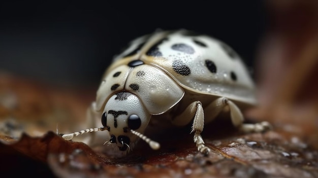 Una mariquita con manchas negras y manchas blancas se sienta en un trozo de madera.