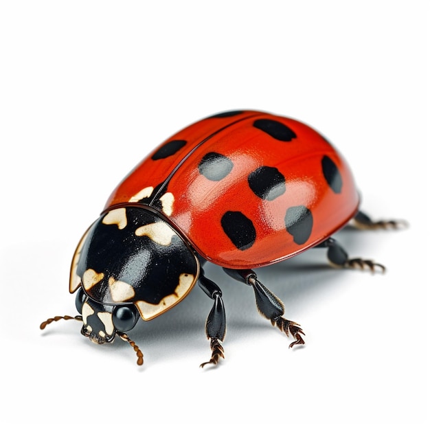 Una mariquita con manchas negras y rojas está sobre un fondo blanco.