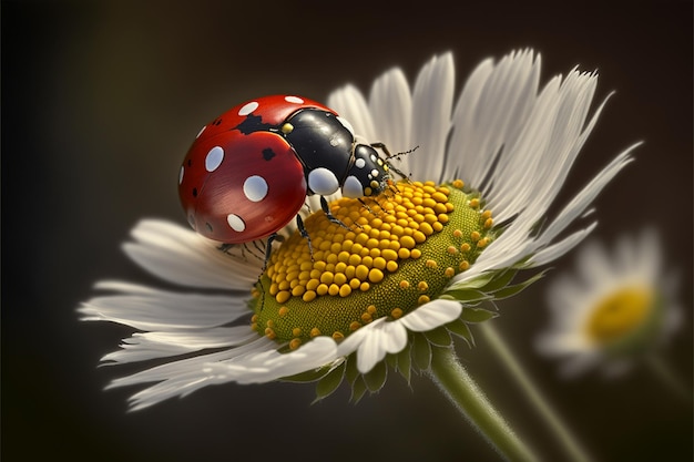 Foto mariquita roja en flor de manzanilla, mariquita se arrastra en el tallo de la planta en primavera en el jardín en verano