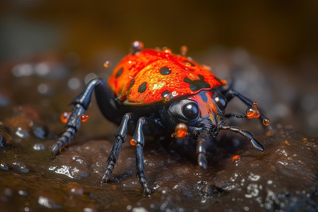 Una mariquita roja y naranja con manchas naranjas y negras se sienta sobre una roca.