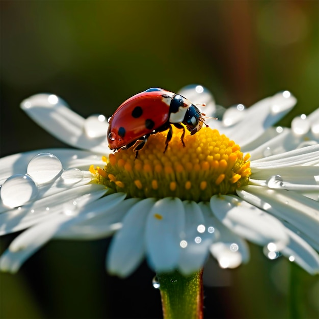 Mariquita roja sobre una flor de manzanilla una mariquita se arrastra a lo largo del tallo de una planta en primavera en un jardín