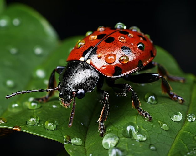 una mariquita sentada en una hoja verde con gotas de agua sobre ella