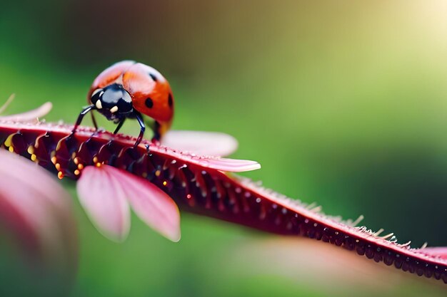 Una mariquita se sienta en una flor con un fondo verde.