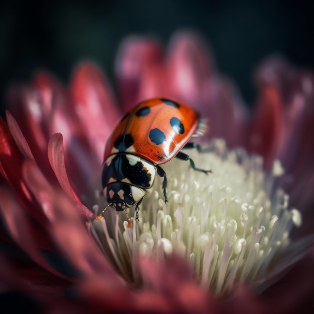 Una mariquita se sienta en una flor rosa con un centro rojo.