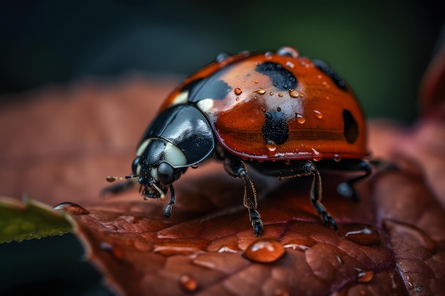 Una mariquita se sienta en una hoja con gotas de agua.