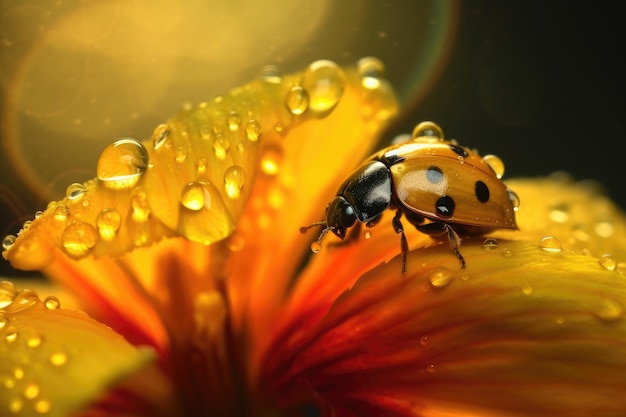 Una mariquita sobre una flor con fondo amarillo IA generativa