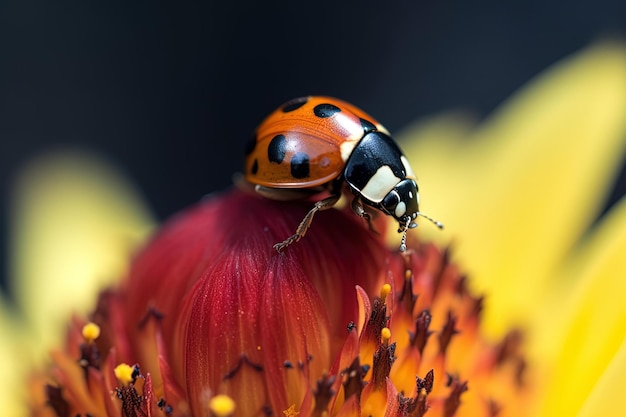 Una mariquita sobre una flor de fondo rojo.