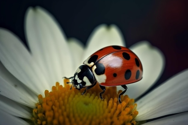 Una mariquita sobre una flor con puntos negros en las alas