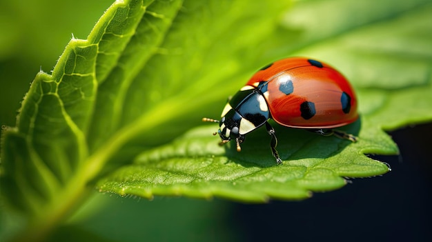 una mariquita sobre una hoja verde.