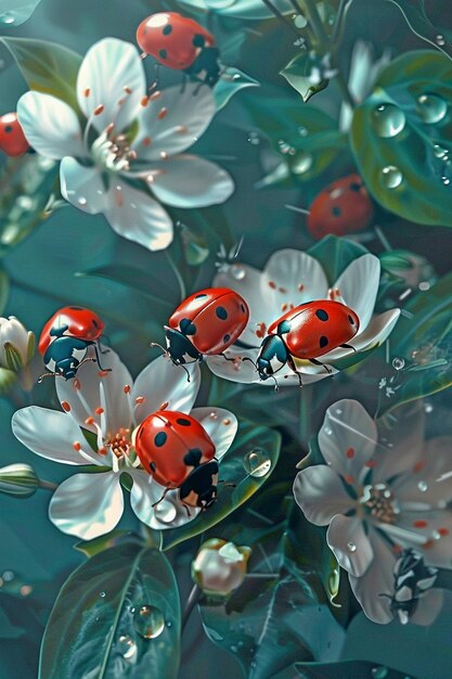 Foto mariquitas en las flores mitad de gotas de lluvia en hermosas hojas verdes estilo de dibujos animados