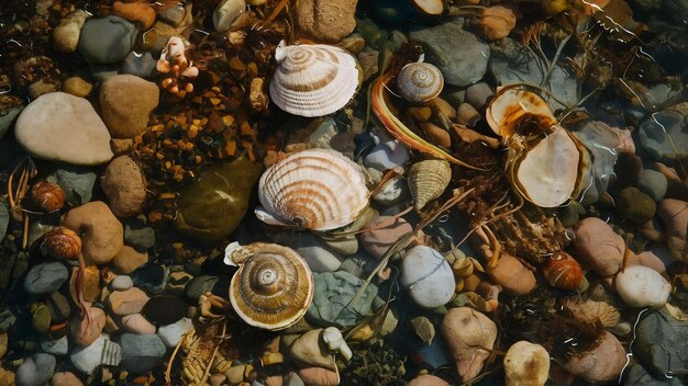 Foto mariscos y caracoles cubiertos de agua