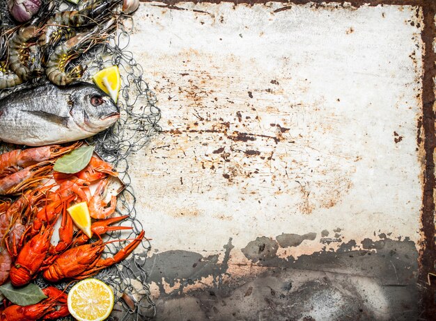 Mariscos crudos frescos Una variedad de camarones, pescados y mariscos en red fishind sobre fondo rústico