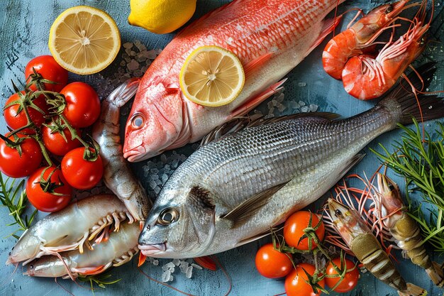 Mariscos crudos con tomates y limón en la mesa azul