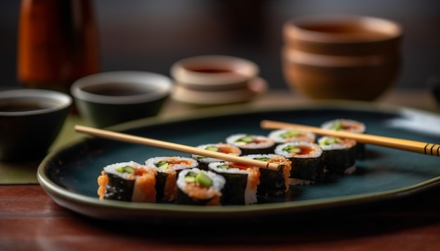 Mariscos frescos de comida japonesa gourmet en un plato generado por IA