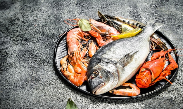 Mariscos frescos, dorado y camarones.