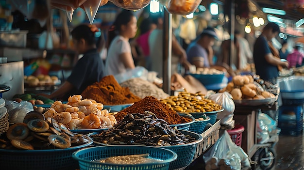 Mariscos frescos em exposição em um mercado movimentado O mercado está cheio de pessoas comprando e vendendo todos os tipos de mercadorias