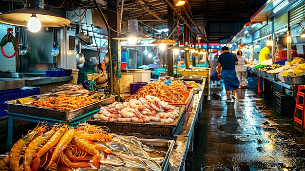 Mariscos frescos en el mercado pesquero