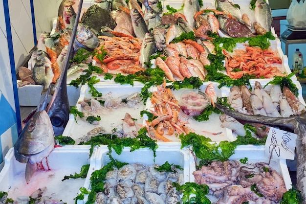 Foto mariscos frescos y pescado para la venta en un mercado de nápoles, italia
