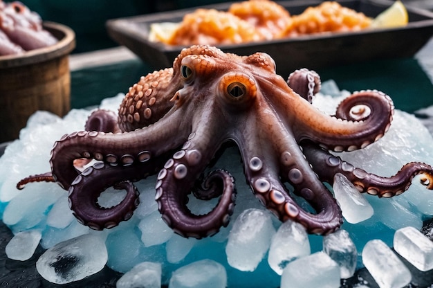 Foto mariscos frescos de pulpo en hielo triturado en el mercado de pescado frescos congelados en el mostrador de la tienda en el hipermercado fro