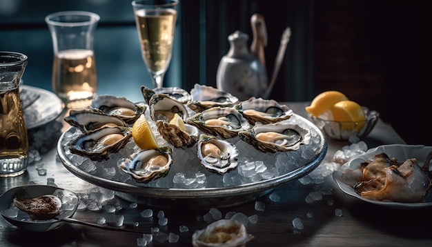 Mariscos frescos y vino en una mesa de madera generada por IA